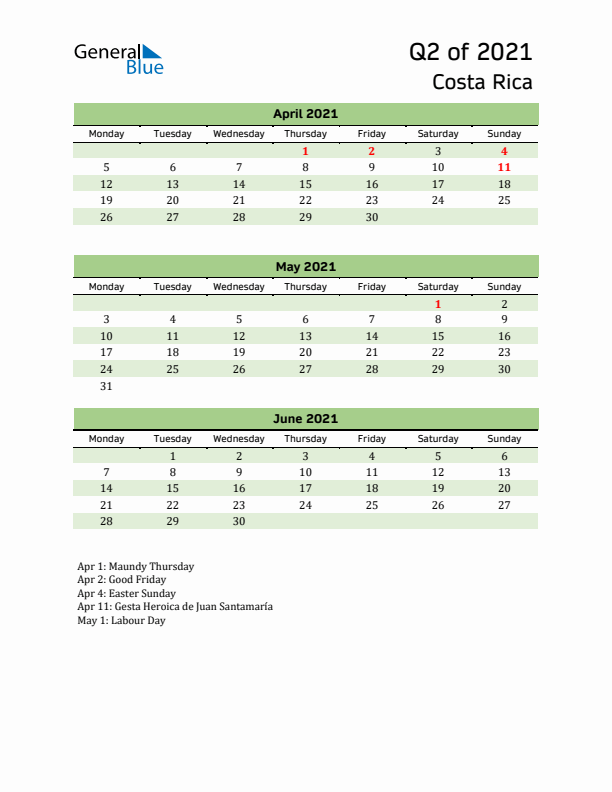 Quarterly Calendar 2021 with Costa Rica Holidays