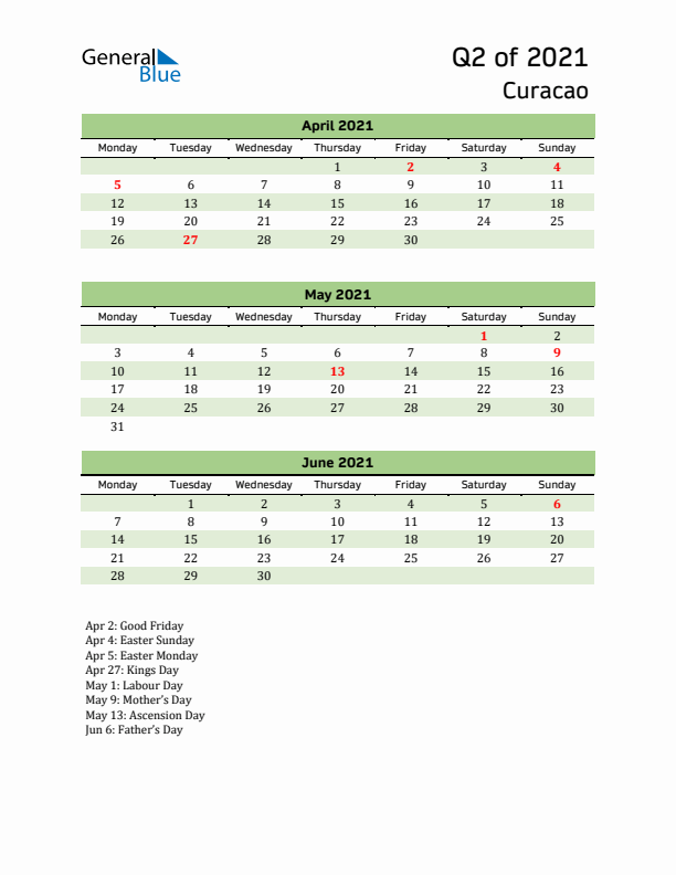 Quarterly Calendar 2021 with Curacao Holidays