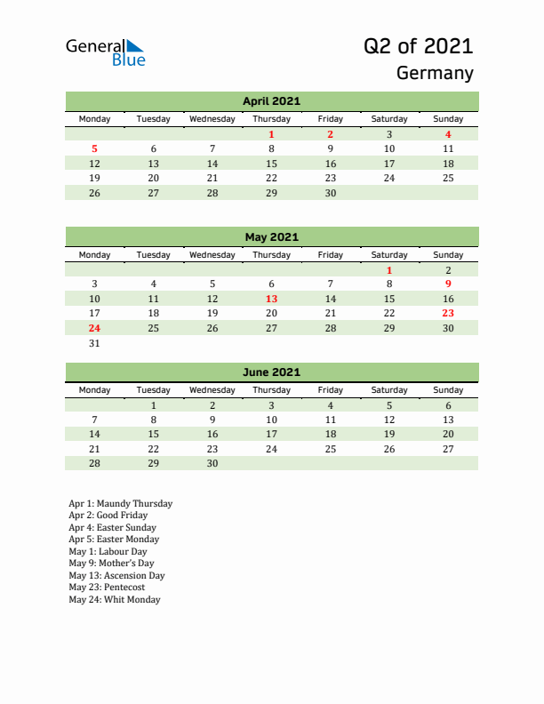 Quarterly Calendar 2021 with Germany Holidays