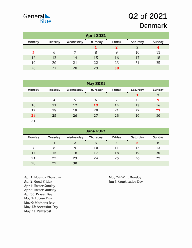 Quarterly Calendar 2021 with Denmark Holidays