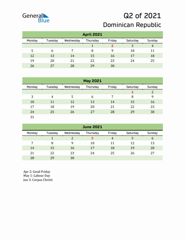 Quarterly Calendar 2021 with Dominican Republic Holidays