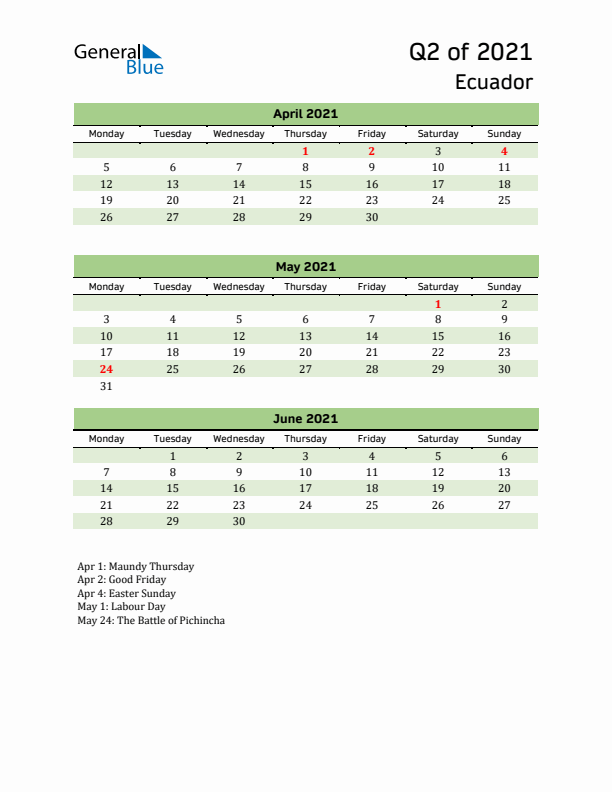 Quarterly Calendar 2021 with Ecuador Holidays