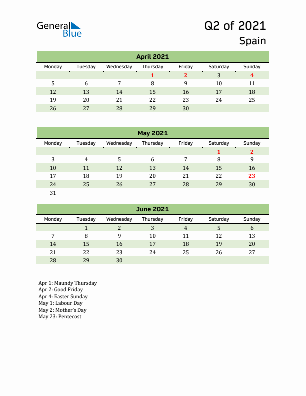 Quarterly Calendar 2021 with Spain Holidays