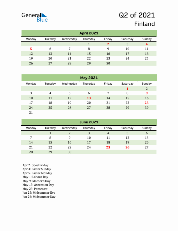 Quarterly Calendar 2021 with Finland Holidays