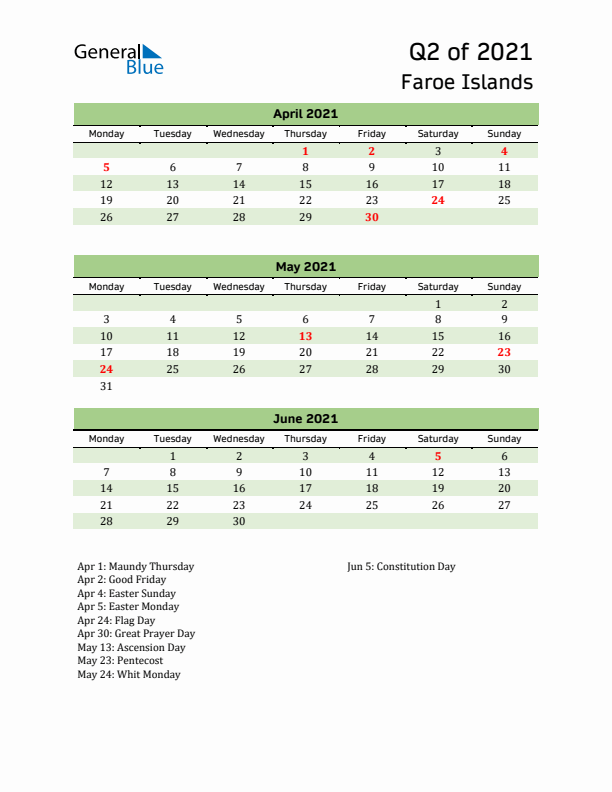 Quarterly Calendar 2021 with Faroe Islands Holidays