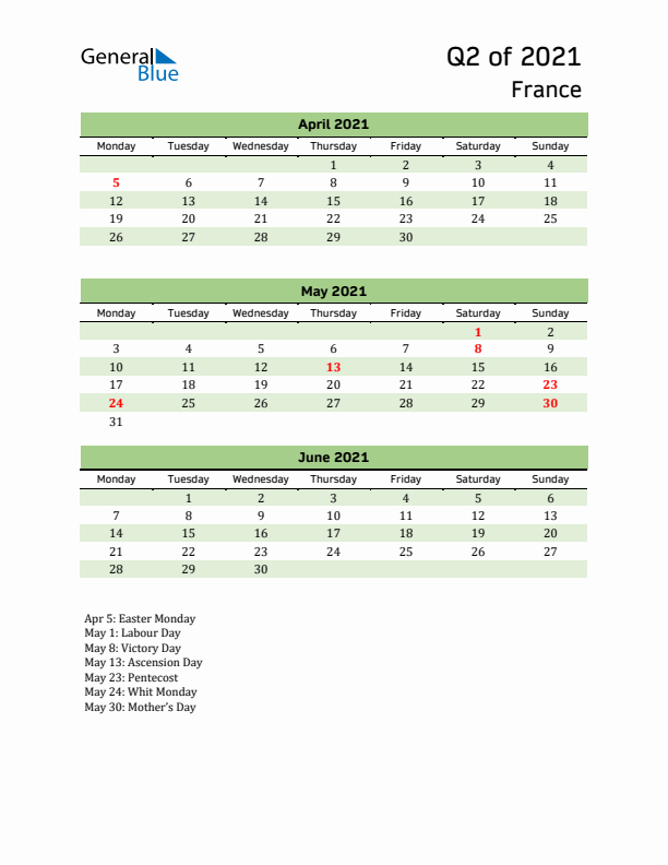 Quarterly Calendar 2021 with France Holidays