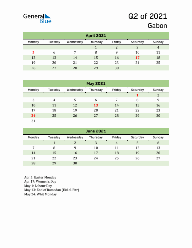 Quarterly Calendar 2021 with Gabon Holidays