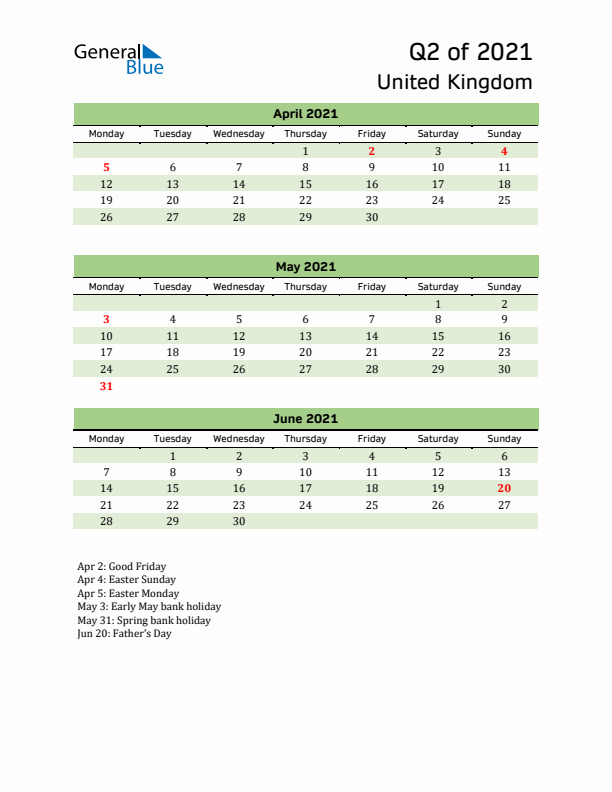 Quarterly Calendar 2021 with United Kingdom Holidays