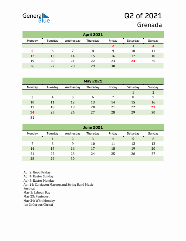 Quarterly Calendar 2021 with Grenada Holidays