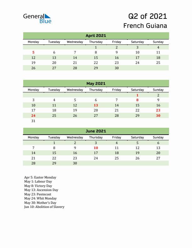 Quarterly Calendar 2021 with French Guiana Holidays