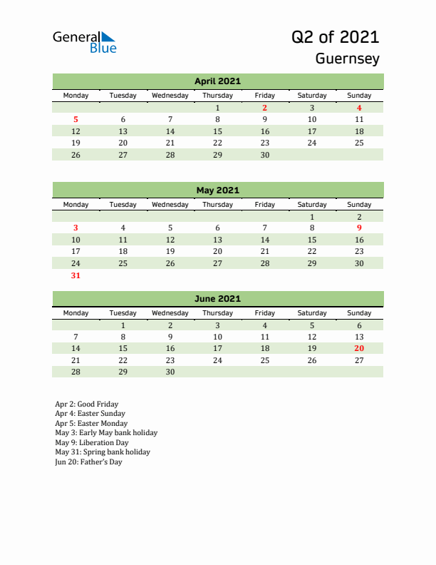 Quarterly Calendar 2021 with Guernsey Holidays