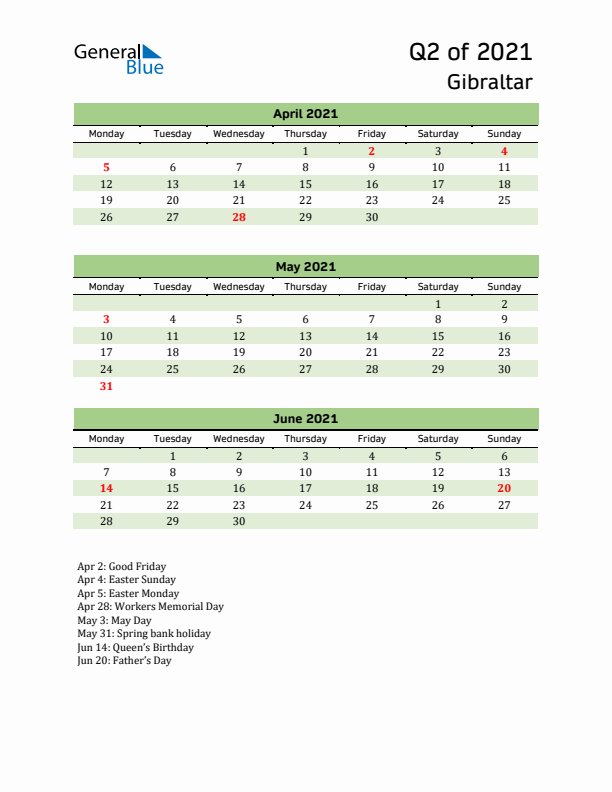 Quarterly Calendar 2021 with Gibraltar Holidays