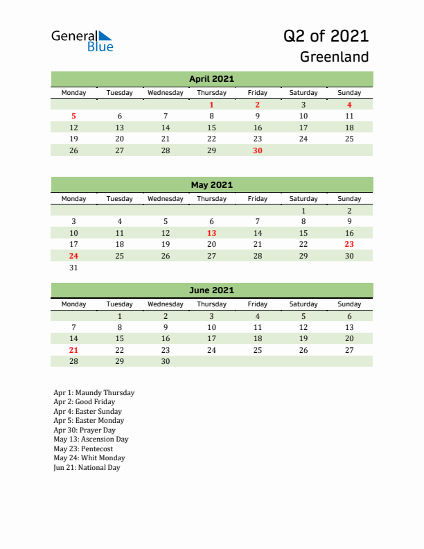 Quarterly Calendar 2021 with Greenland Holidays