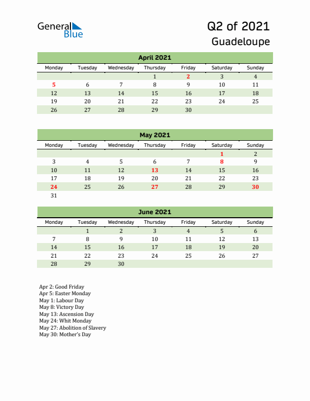 Quarterly Calendar 2021 with Guadeloupe Holidays