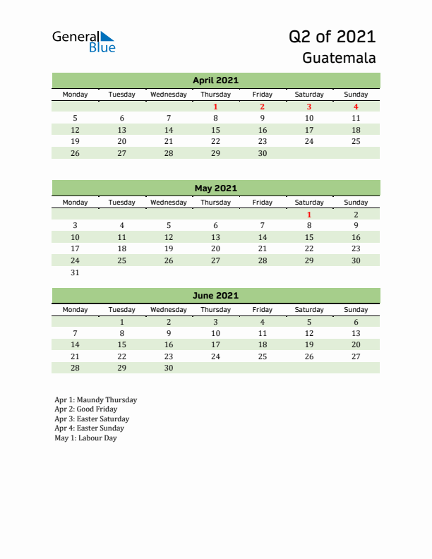 Quarterly Calendar 2021 with Guatemala Holidays