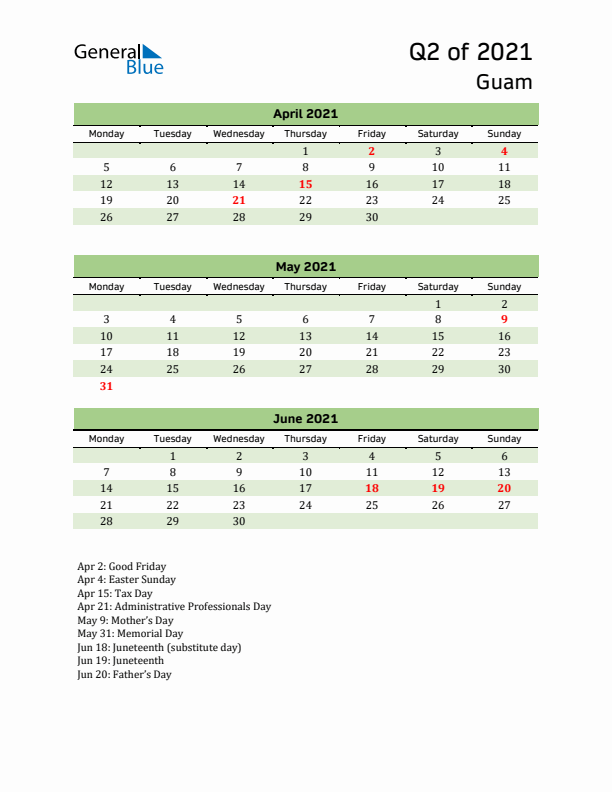 Quarterly Calendar 2021 with Guam Holidays