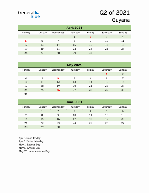 Quarterly Calendar 2021 with Guyana Holidays