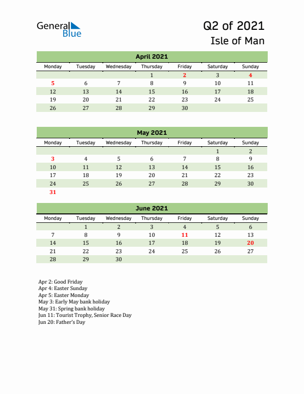 Quarterly Calendar 2021 with Isle of Man Holidays