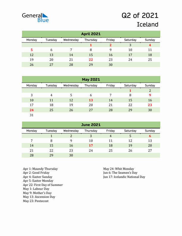 Quarterly Calendar 2021 with Iceland Holidays