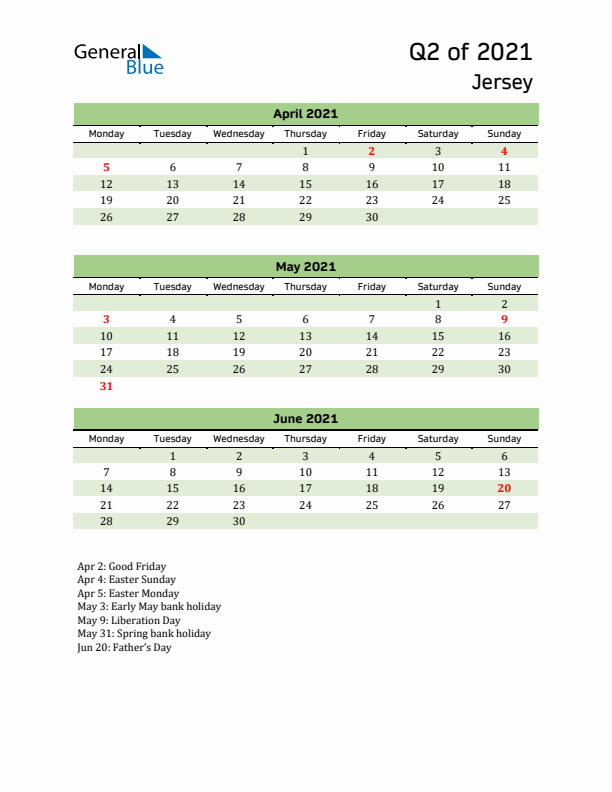 Quarterly Calendar 2021 with Jersey Holidays