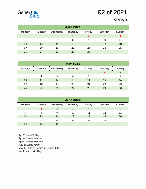 Quarterly Calendar 2021 with Kenya Holidays