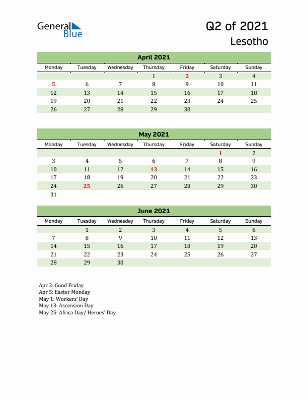 Quarterly Calendar 2021 with Lesotho Holidays