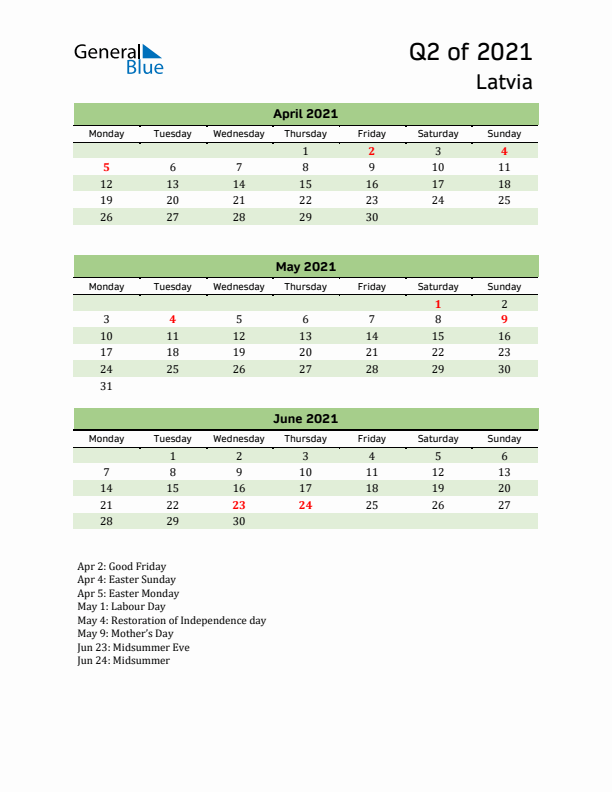 Quarterly Calendar 2021 with Latvia Holidays