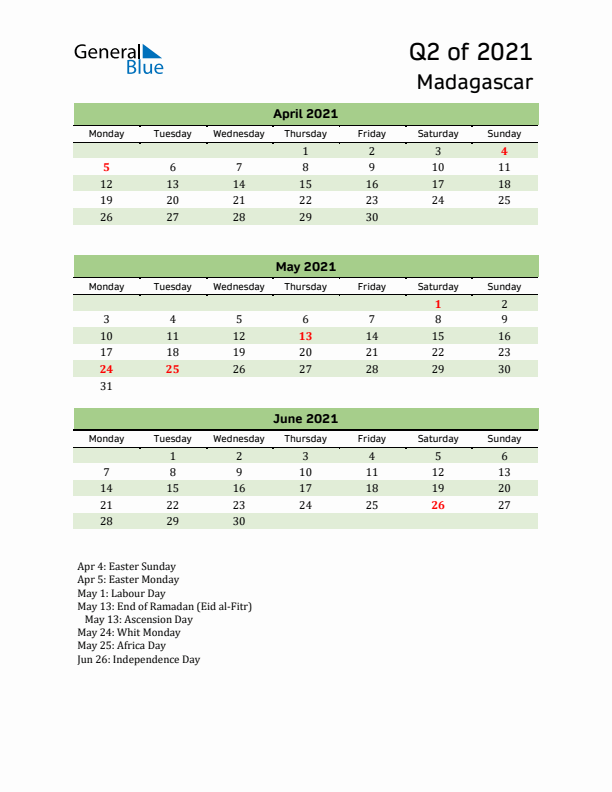 Quarterly Calendar 2021 with Madagascar Holidays