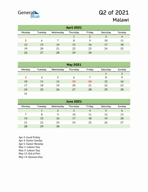 Quarterly Calendar 2021 with Malawi Holidays