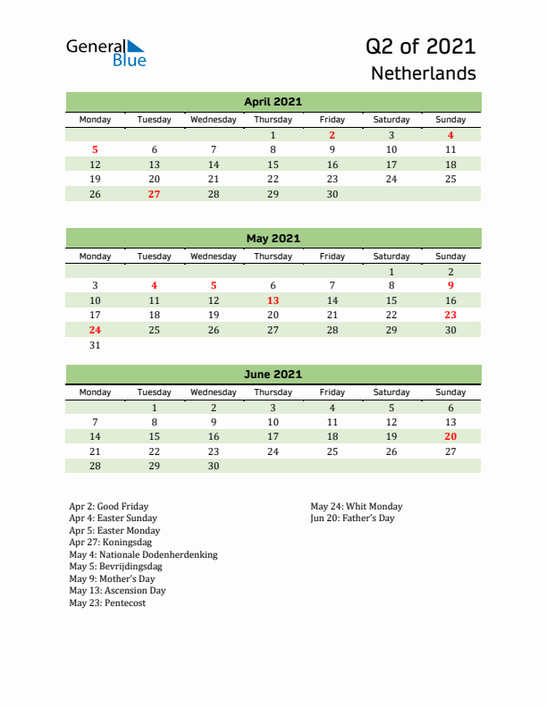 Quarterly Calendar 2021 with The Netherlands Holidays