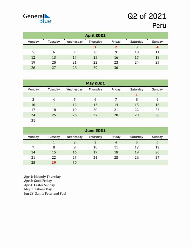 Quarterly Calendar 2021 with Peru Holidays