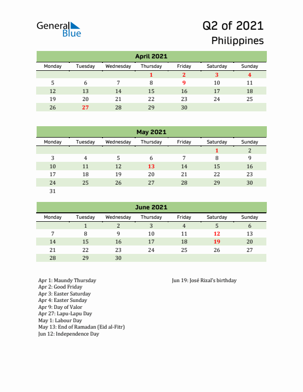 Quarterly Calendar 2021 with Philippines Holidays