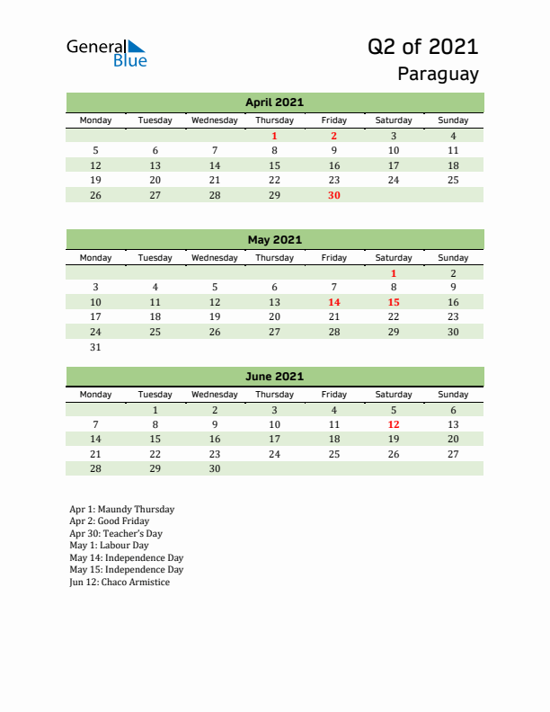 Quarterly Calendar 2021 with Paraguay Holidays