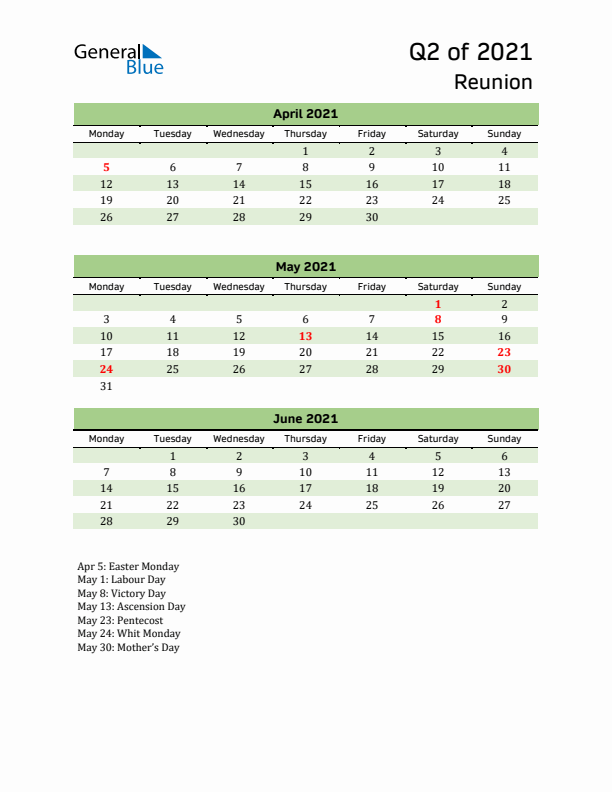 Quarterly Calendar 2021 with Reunion Holidays