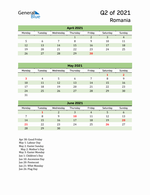 Quarterly Calendar 2021 with Romania Holidays