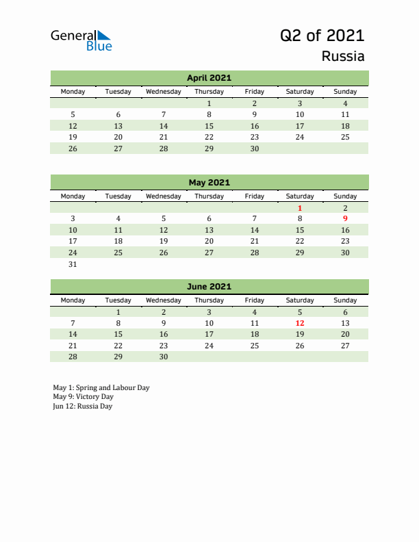 Quarterly Calendar 2021 with Russia Holidays