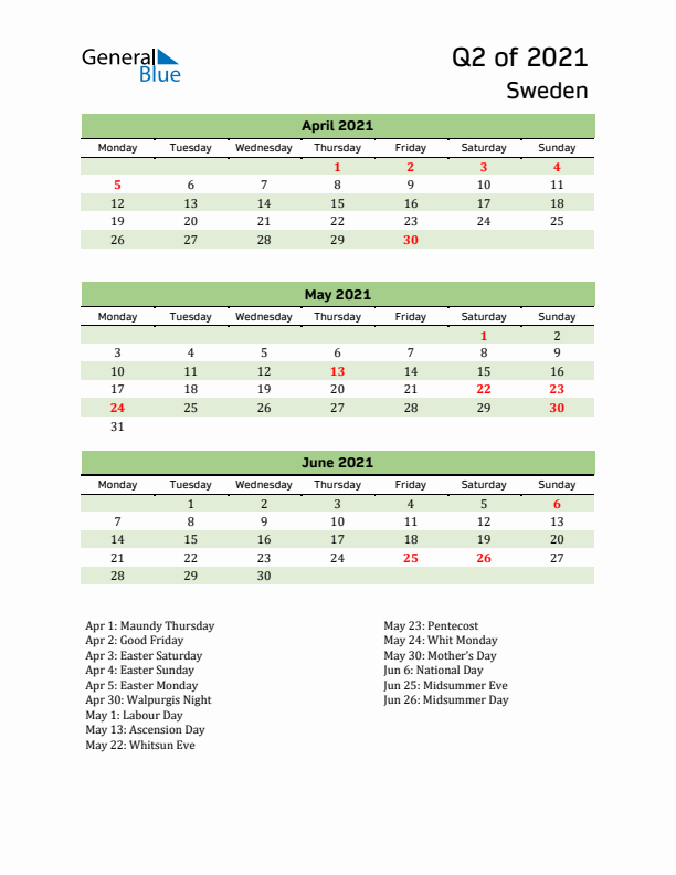 Quarterly Calendar 2021 with Sweden Holidays