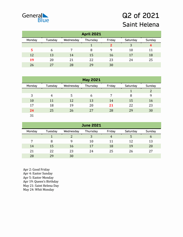 Quarterly Calendar 2021 with Saint Helena Holidays