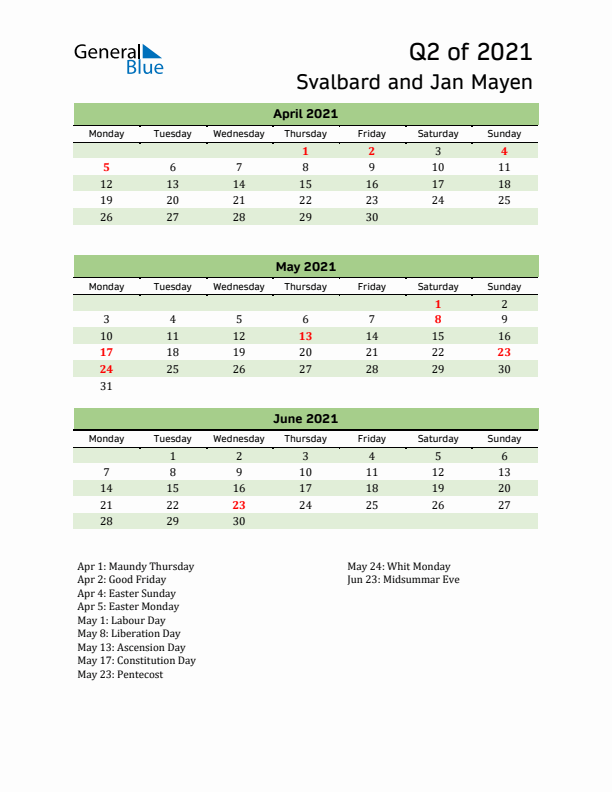 Quarterly Calendar 2021 with Svalbard and Jan Mayen Holidays