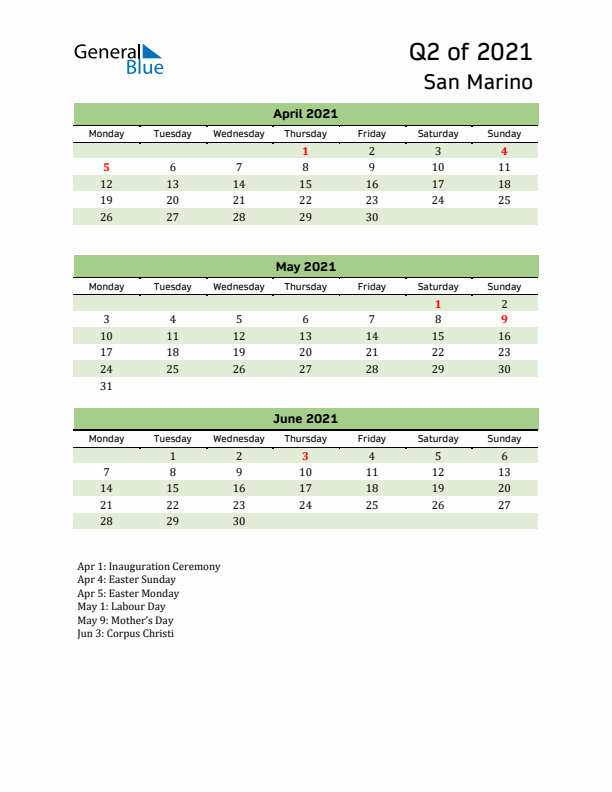 Quarterly Calendar 2021 with San Marino Holidays