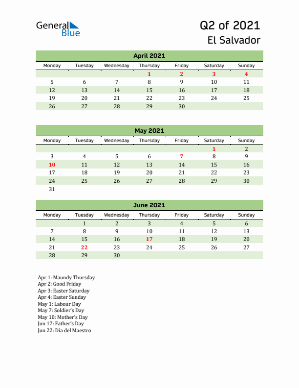 Quarterly Calendar 2021 with El Salvador Holidays