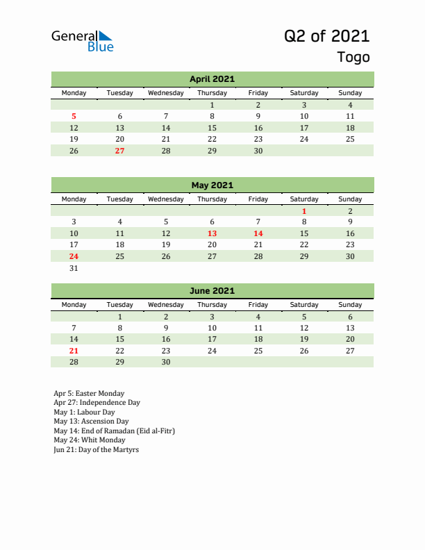 Quarterly Calendar 2021 with Togo Holidays