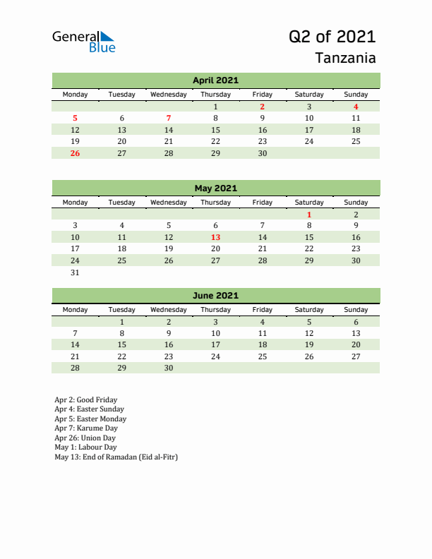 Quarterly Calendar 2021 with Tanzania Holidays