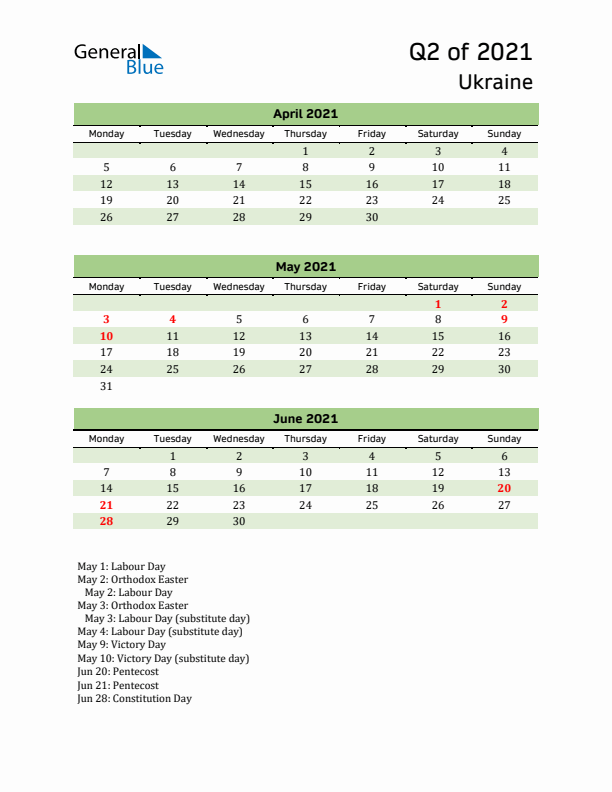 Quarterly Calendar 2021 with Ukraine Holidays