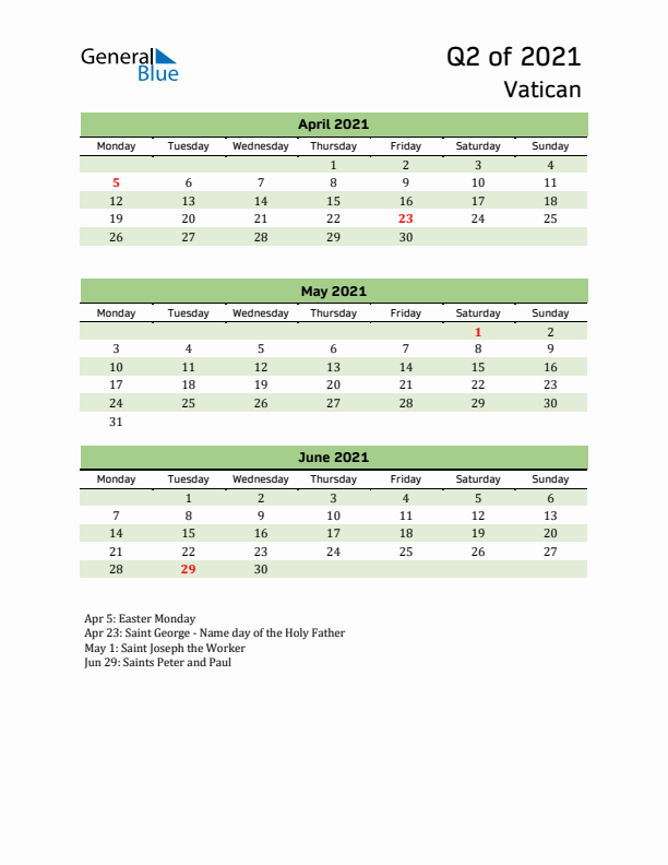 Quarterly Calendar 2021 with Vatican Holidays