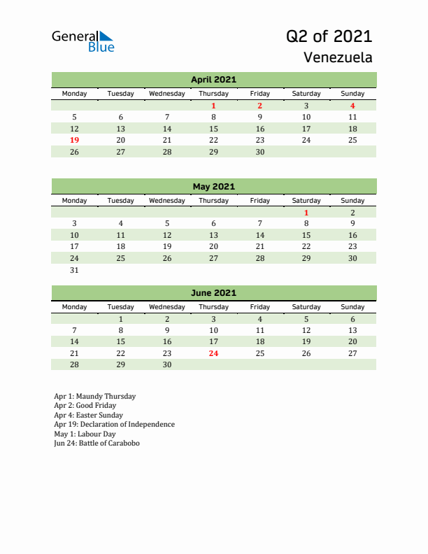 Quarterly Calendar 2021 with Venezuela Holidays