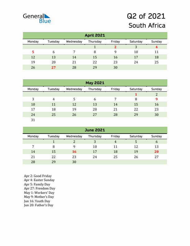 Quarterly Calendar 2021 with South Africa Holidays