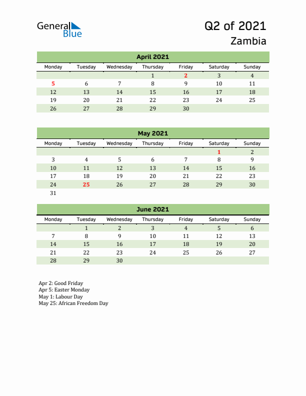 Quarterly Calendar 2021 with Zambia Holidays