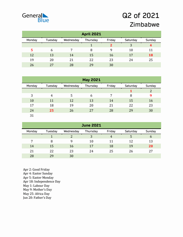 Quarterly Calendar 2021 with Zimbabwe Holidays