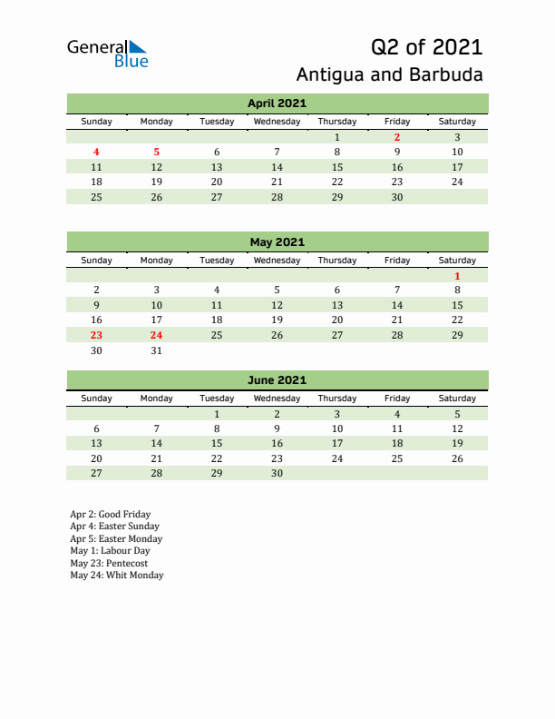 Quarterly Calendar 2021 with Antigua and Barbuda Holidays